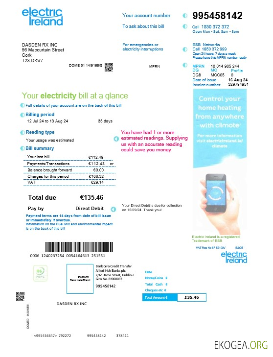 IRLANDE ELECTRIC IRELAND facture de services publics modèle Word et PDF